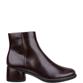 Ecco women's ankle boot in Potting Soil brown leather, block heel, side zip fastening, black rubber sole.