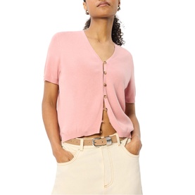 Model wearing Whistles pink short-sleeve button-front knit cardigan, styled with cream wide-leg trousers and a tan belt.