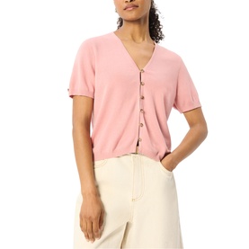 Model wearing Whistles pink short-sleeve V-neck button-front cardigan, styled with cream wide-leg trousers