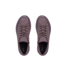 ECCO lace-up trainers in taupe nubuck leather with tonal rubber sole, overhead flat-lay view