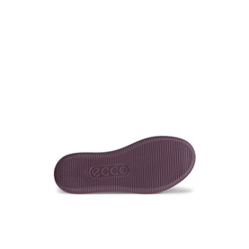 ECCO shoe sole in deep plum purple, ribbed texture with embossed ECCO logo, viewed from below.