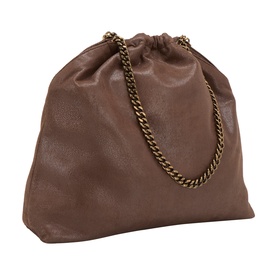 Stella McCartney mahogany faux leather drawstring crossbody bag with antique gold chunky chain strap