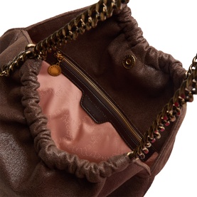 Stella McCartney mahogany crossbody bag interior view, pink satin lining with zip pocket, gold-tone chain and jewelled trim detail