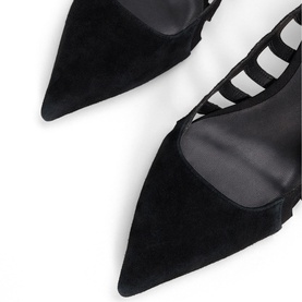 Phase Eight black suede pointed-toe heels with strappy cage ankle detail and black lining, close-up view