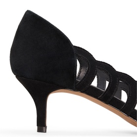 Phase Eight black suede kitten heel sandal with cut-out strap detail and open toe, tan leather insole visible