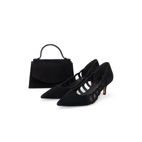 Phase Eight black suede pointed-toe kitten heel pumps with cut-out straps, styled with matching black mini top-handle bag