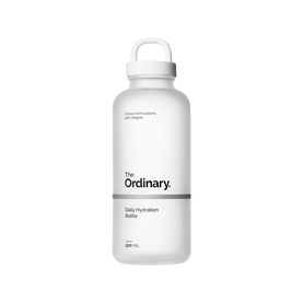 The Ordinary Daily Hydration Bottle, clear frosted plastic with white cap, branded logo and text on front, 500ml