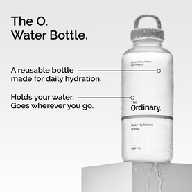The Ordinary Daily Hydration Bottle, clear reusable water bottle with grey cap, 500ml, annotated with product feature callouts