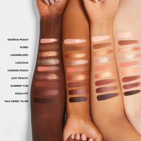 Too Faced Sweet Peach Eye Shadow Palette swatches across three skin tones showing 9 shades from peach to deep brown