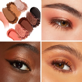 Too Faced Sweet Peach Eye Shadow Palette shades shown with two eye looks in warm peach and terracotta tones on different skin tones