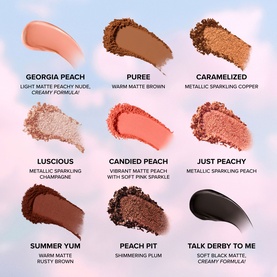 Too Faced Sweet Peach Eye Shadow Palette shade swatches: 9 shades from matte nudes to metallic champagne, copper, and shimmering plum tones.