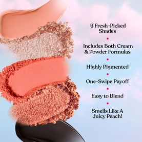 Too Faced Sweet Peach Eye Shadow Palette swatches showing 9 peach-toned cream and powder shades with product claims listed