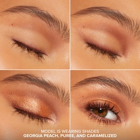 Model wearing Too Faced Sweet Peach Eye Shadow Palette in shades Georgia Peach, Puree, and Caramelized shown in four eye close-ups