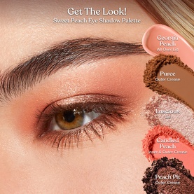 Too Faced Sweet Peach Eye Shadow Palette get-the-look tutorial showing peach and bronze shades applied on model's eye with shade labels