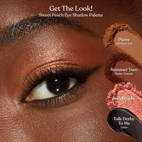 Too Faced Sweet Peach Eye Shadow Palette Get The Look tutorial showing warm copper and brown shades Puree, Summer Yum, Just Peachy, and Talk Derby To