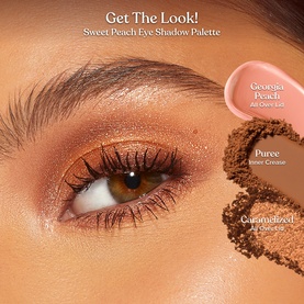 Too Faced Sweet Peach Eye Shadow Palette Get The Look tutorial showing shades Georgia Peach, Puree, and Caramelized on a model's eye