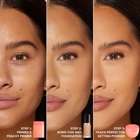 Too Faced Primed & Peachy Primer three-step routine showing primer, foundation, and setting powder application on model's skin