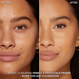 Too Faced Primed & Peachy Primer before and after split image showing smoothed, even skin tone with reduced pores and natural glow