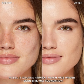 Too Faced Primed & Peachy Primer before and after comparison showing smoothed, even skin tone on model's face