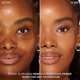 Before and after close-up showing Too Faced Primed & Peachy Primer result on deep skin tone, paired with Born This Way Foundation