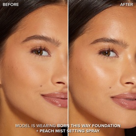 Before and after close-up showing Too Faced Peach Mist Setting Spray result; model's skin appears more luminous and dewy after application