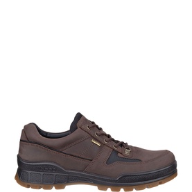 Ecco men's shoes in Coffee Black, lace-up nubuck leather with rugged black and gum rubber outsole, GORE-TEX branding visible