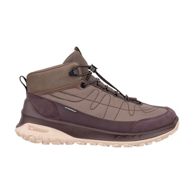 Ecco women's hiking boot in raisin and marron, lace-up mid-cut style, mixed suede and mesh upper, cream chunky sole