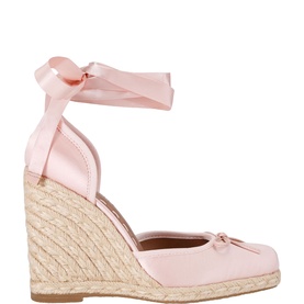 Steve Madden Varina 306 Wedge Sandals in pink satin with ankle tie ribbon, bow toe detail, and natural jute espadrille wedge sole