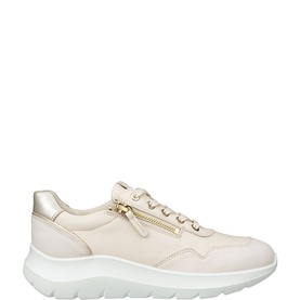 Ecco women's sneaker in limestone and pure white with gold zip detail, lace-up front, and chunky white sole