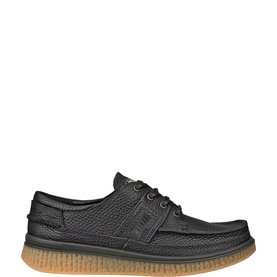 Black tumbled leather lace-up boat shoe with moc-toe stitching and contrasting gum crepe sole