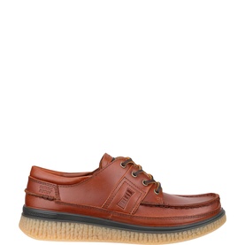 Tan leather lace-up moccasin shoe with contrast stitching detail and chunky translucent gum sole
