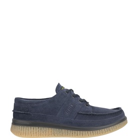 Ecco men's shoe in marine blue suede with lace-up front, moc-toe detail, and tan crepe-style sole.