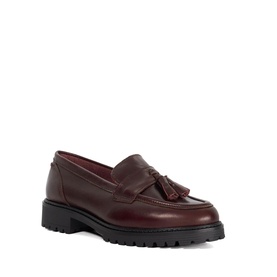 Dune burgundy leather tassel loafer with chunky black lug sole, kiltie fringe detail, flat heel