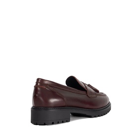 Dune burgundy leather loafer, rear view showing tassel detail, chunky black lug sole and low block heel.