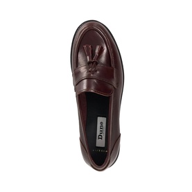 Dune burgundy leather tassel loafer, overhead view showing penny strap detail and branded insole.