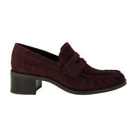 Paul Green red suede penny loafer with block heel and saddle strap detail, dark rubber sole