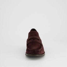 Paul Green red suede penny loafer, front view showing moccasin stitching detail and dark rubber sole.