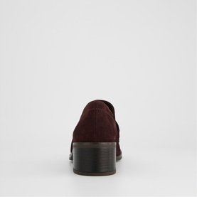 Paul Green red suede shoe, rear view showing block heel and dark rubber sole