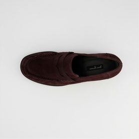 Paul Green women's red suede penny loafer, overhead view showing moc-toe stitching and classic strap detail