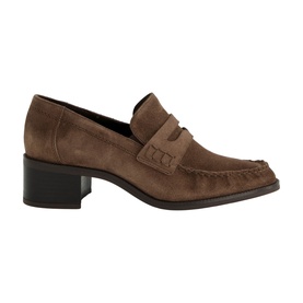 Paul Green brown suede block-heel penny loafer with stitched saddle detail and dark stacked heel, side profile view