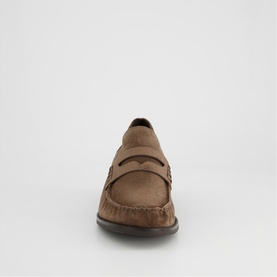 Paul Green brown suede penny loafer, front view showing strap detail and dark rubber sole