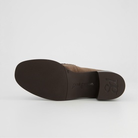 Paul Green women's shoe in brown, showing dark brown leather outsole and heel unit from underneath.