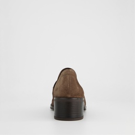 Paul Green brown suede loafer, rear view showing block heel with dark rubber sole