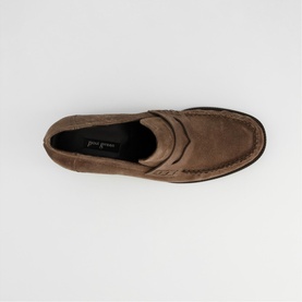 Paul Green brown suede penny loafer, overhead view showing moccasin stitching and slip-on silhouette