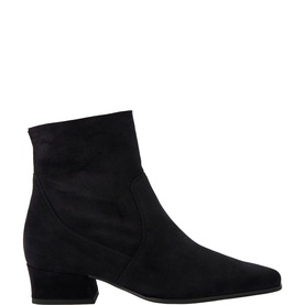 Paul Green black suede ankle boot with pointed toe and block heel, side zip fastening, clean minimal profile