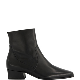 Paul Green black leather ankle boot with pointed toe, block heel, and side zip fastening