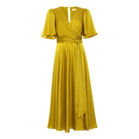 Phase Eight yellow satin wrap midi dress with flutter sleeves, V-neckline, tie waist, and flared skirt