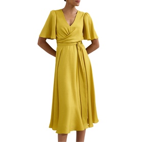 Phase Eight yellow wrap-style midi dress with flutter sleeves, V-neckline, and self-tie waist belt, A-line skirt