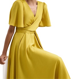 Model wearing Phase Eight yellow wrap midi dress with flutter sleeves, V-neckline, and self-tie waist belt