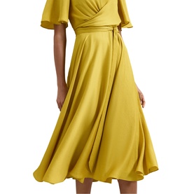 Model wearing Phase Eight yellow wrap-style midi dress with flutter sleeves and flared skirt, belted waist